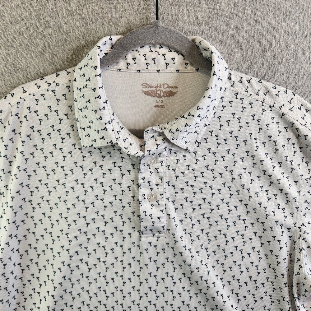 Straight Down Shirt Mens L White Martini Glasses Golf Polo Drinks Bar Party